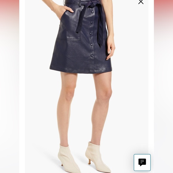 FRNCH Emilou Faux Leather Button Up Belted Skirt. Size M. Navy Blue. High Waist. - Picture 3 of 12